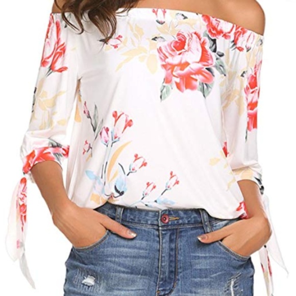 Qearal Tops - Women Off Shoulder Blouses 3/4 Sleeve Floral Print